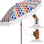 AMMSUN 7ft Patio Umbrella with Fringe Outdoor Tassel Umbrella UPF50+ Premium Steel Pole and Ribs Push Button Tilt, Wave Colorful
