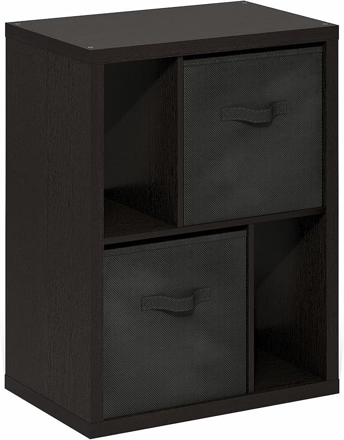 Furinno Viola Storage Shelf, 4-Tier Storage Rack with Bins, Book Shelf, Bookshelf, Display Rack with Drawer Bins, Extra Thick Frame, for Organization, Living Room, Home Office, Black Dark Oak