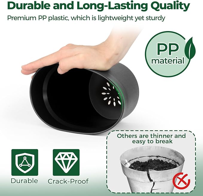 T4U 6 Inch Plant Pot 8-Pack, Plastic Planter with Drainage Hole and Saucer, Decorative Nursery Pots Bulk for African Violet, Snake Plant, Succulent, Herb and Plants Indoor (8 Pcs 6" Pots, Black)