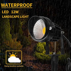 Warm White Spot lights Outdoor, 12W 3000K Landscape Spot Lights, IP65 Waterproof Garden Lighting, Metal Case COB LED Lights for Lawn Lamp US 3- Plug Yard Christmas Decoration with Stakes(2 Pack)