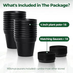 T4U 4 Inch Plant Pots 18-Pack, Small Flower Pots with Saucer and Drainage Hole, Durable Plastic Pots, Nursery Small Flower Pot Bulk for Plants, Succulent, Violet, Decorative (18 Pack 4" Pot, Black)