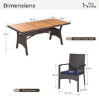 PHI VILLA Outdoor Dining Set for 6, Rectangular Wicker Table with Acacia Wood Top & Rattan Chairs with Cushions, 74” Large Modern Furniture Set for Patio, Deck, Backyard, Porch