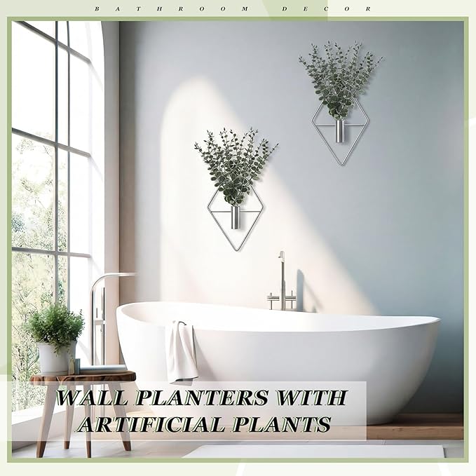 Jexine 8 Pcs Hanging Planters with Artificial Eucalyptus Metal Hanging Vase Indoor Plants Holder Modern Geometric Boho Bathroom Wall Decor for Living Room Home Office (Eucalyptus,Silver)