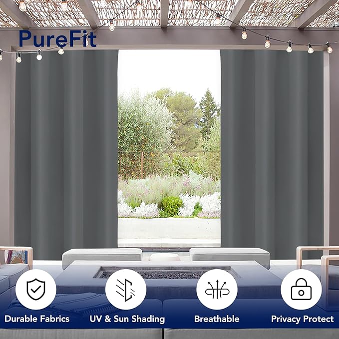 PureFit Outdoor Curtains for Patio Waterproof Weatherproof, UV Resistant Outside Curtains for Gazebo, Front Porch, Pergola, Sun Blocking Privacy Curtain, 52W x 120L inch, 1 Panel, Gray