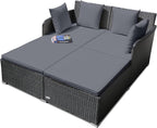 RELAX4LIFE Rattan Patio Outdoor Daybed, Wicker 2-Person Sunbed Loveseat with Soft Cushions, 4 Pillows, Curved Backrest & Armrest, Double Bed Lounger Sofa Set for Balcony Porch, Patio Bed (Grey)