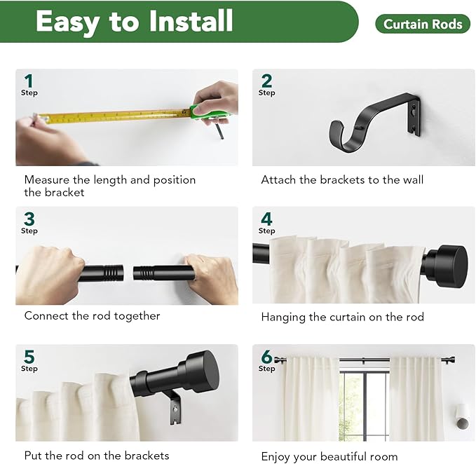 Time Forest Black Curtain Rods for Windows 32 to 150 Inch (2.6-12.5 Feet), 1 Inch Diameter Adjustable Heavy Duty Extra Long Curtain Rod, Modern Style Indoor Outdoor Window Drapery Rods with End Caps