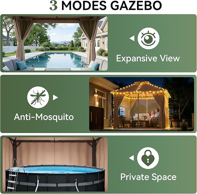 Aoxun Outdoor Gazebo for Patio 10x10 Metal Frame Canopy with Double Roofs Heavy Duty Party Tent and Shelter with Mosquito Netting and Privacy Screen for Backyard, Lawn, Garden, Deck (Khaki)