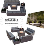 Kullavik 13 Pieces Outdoor Patio Furniture Set with 43" 55000BTU Gas Propane Fire Pit Table PE Wicker Rattan Sectional Sofa Patio Conversation Sets,Grey
