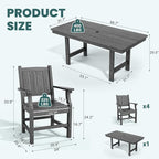 Pamapic 5-Piece Outdoor Dining Set, HDPE Outdoor Rectangular Table and 4 Chairs, Wood Grain Patio Furniture Sets with Armrest, All-Weather Patio Dining Table with Umbrella Hole, Gray