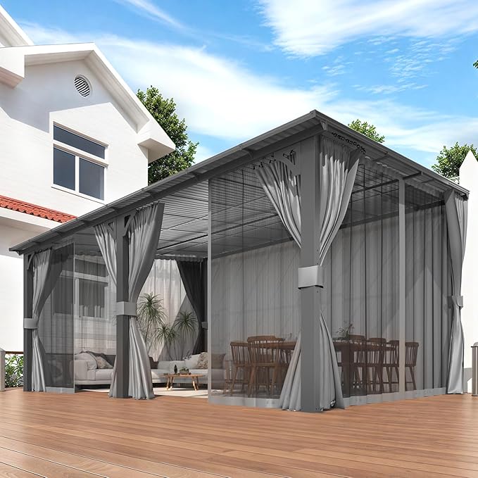 AECOJOY 16' x 12' Gazebo Outdoor Pergola with Curtains and Netting for Patio, Large Wall-Mounted Hardtop Lean to Metal Gazebo Shelter, Pergolas and Gazebos Clearance with Patio Roof Awnings for Decks