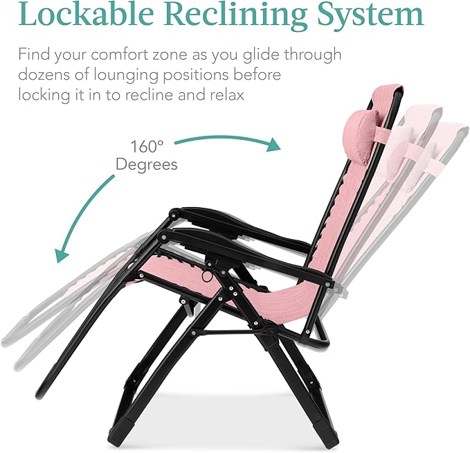 Best Choice Products Oversized Zero Gravity Chair, Folding Outdoor Patio Recliner, XL Anti Gravity Lounger w/Removable Cushion, Cup Holder, Side Tray, 350lb Capacity - Pink