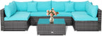 Tangkula 7 Pieces Wicker Patio Furniture Set, All-Weather Outdoor Rattan Sectional Sofa Set with Cushions & Tempered Glass Coffee Table, Outside Sofa Set for Garden, Lawn, Deck, Backyard (Turquoise)