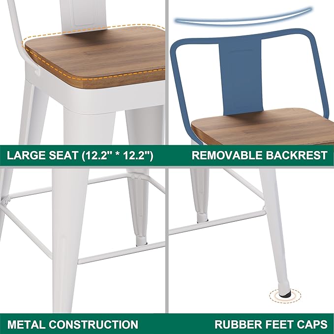 WENTMENT Bar Stools Set of 4 Counter Height Bar Stools Metal Barstools with Removable Back 26" Kitchen Bar Stools with Wooden Seat, Off White