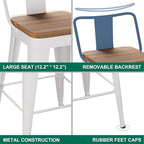 WENTMENT Metal Bar Stools Set of 4 Counter Height Bar Stools Barstools with Removable Back 24" Kitchen Bar Stools with Wooden Seat,Off White