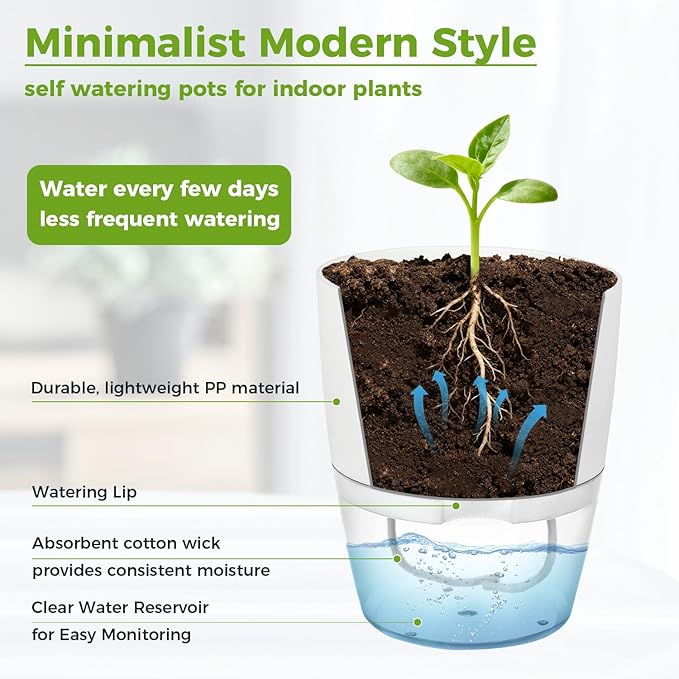 Planterhoma 8 Pack Self Watering Pots for Indoor Plants, 6 Inch Plant Pot Plastic Self Watering Planter for Orchid, African Violet, Small Clear Flower Pots with Drainage Holes and Wicking Rope, White