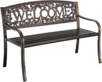Leigh Country Metal Outdoor Bench, Welcome Design, Decorative Patio Seating for Porch/Deck