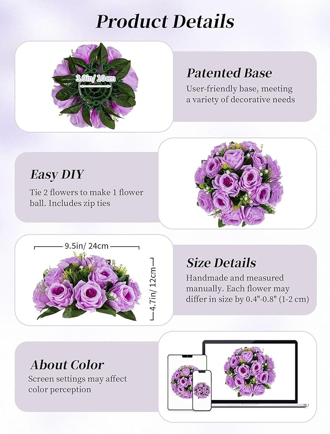 Artificial Flower Balls, Lilac Silk Roses for Wedding Centerpieces