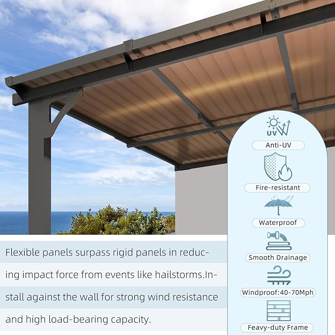 AECOJOY 10' x 14' Adjustable Height Outdoor Lean to Gazebo Pergola for Patio, Large Wall-Mounted 6.5-9.8 Ft Hard Top Metal Heavy Duty Metal Awnings Shelter Pergolas and Gazebos Clearance with Roof