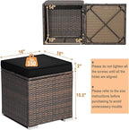 RELAX4LIFE Wicker Outdoor Storage Ottoman, 2-Piece Rattan Footstool w/Removable Cushion, Multipurpose Footrest Stool Side Table Additional Seating, Set of 2 Outdoor Ottomans for Patio Deck (Black)