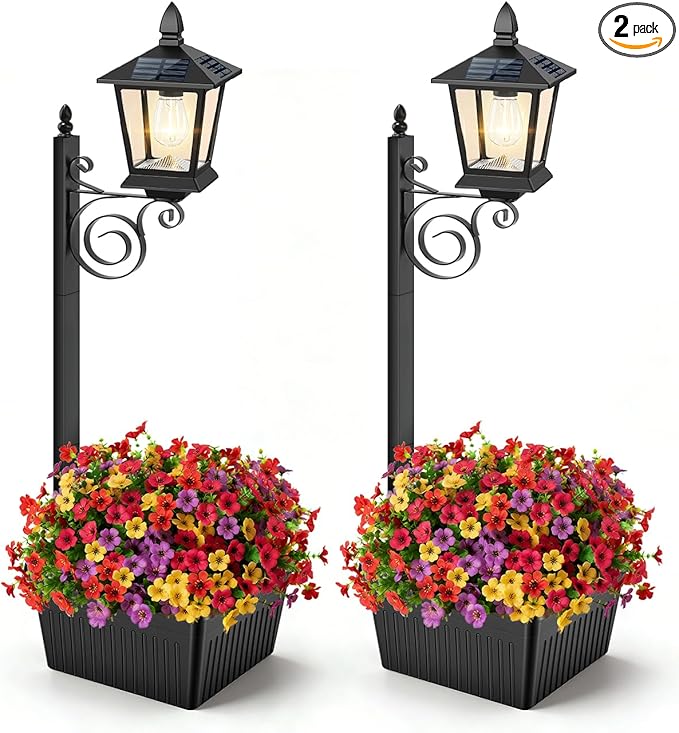 2-Pack Solar Lamp Post Light with Planter, 35Inch 2 in 1 Outdoor Flower Pots, 2700K Solar Lamps Outdoor Waterproof, Decorative Planters & Lights for Porch, Garden, Patio, Lawn, Front Door