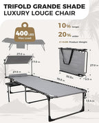 KingCamp Oversized Tanning Chair, Extra-Wide Padded Folding Chase Lounge Chairs Adjustable 5-Position 400lbs Heavy Duty Lounger with Double-Layer Oxford Canopy Shade for Outdoor Beach Patio Sun Pool