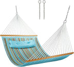 12 FT Double Quilted Fabric Hammock with Spreader Bars and Pillow 450 LBS Weight Capacity 2 Person Hammock for Outdoor Patio Backyard Poolside Blue Stripes