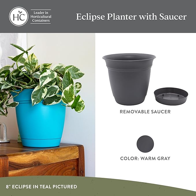 The HC Companies 20 Inch Eclipse Round Planter Pots with Drainage Holes & Attached Saucer, Lightweight UV-Resistant Plastic Indoor & Outdoor Planters, 2-Pack Flower Pots, Garden Home Decor, Warm Gray