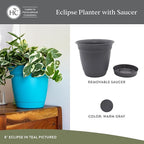 The HC Companies 20 Inch Eclipse Round Planter Pots with Drainage Holes & Attached Saucer, Lightweight UV-Resistant Plastic Indoor & Outdoor Planters, 2-Pack Flower Pots, Garden Home Decor, Warm Gray