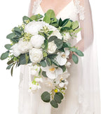 Artificial Flowers Cascading Bridal Bouquet, Faux Silk Peony & Rose