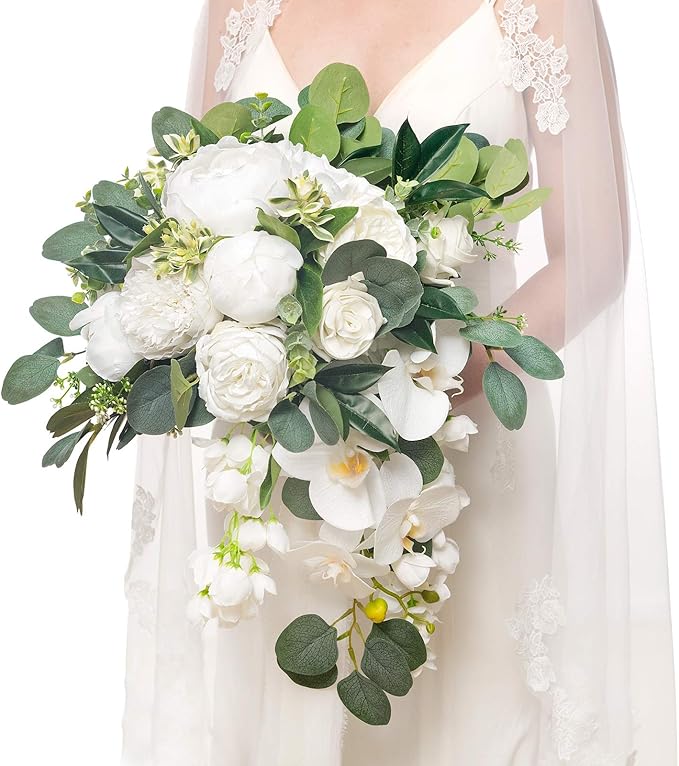Artificial Flowers Cascading Bridal Bouquet, Faux Silk Peony & Rose