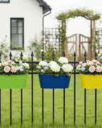 Metal Railing Planter for Outdoor Plants - 3 Pack Balcony Hanging Planter Box with Detachable Hooks and Drain Holes Oval Hanging Pots Fence Planters for Railing Garden Fence, Green Yellow Blue