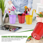 OBTANIM 12 Pack Metal Hanging Flower Pots Railing Planter Outdoor Fence Hanging Bucket Plant Holder with Detachable Hooks Drain Holes for Home Garden Yard Decor (Yellow Purple Red, 4 x 4 Inch)