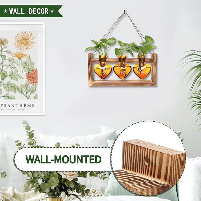 Terrarium Set with Heart-Shaped Glass Vases, Wood Stand, Amber