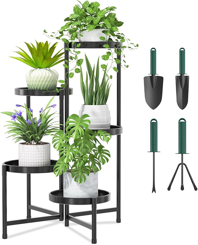 iDavosic.ly 5 Tier Large Plant Stand with Garden Tools, Tiered Corner Metal Indoor Outdoor Flower Display Holder Shelf with 10 Inch Wide Tray, Folding Tall Rack for Patio Porch Living Room, Black