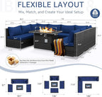 NICESOUL Extra Large 9 Pcs Outdoor Patio Furniture Set with Fireplace Natural Gas/Propane, 29.3'' High Back Modular Sectional Sofas, Modern Conversations for Outside, 2 Color Cushion Royal Blue &Grey
