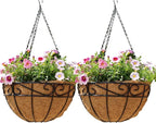 Outdoor Metal Hanging Planters Basket (2pack, 12 inch) Hanging Baskets for Plants Chain Round Wire Plant Holder with Coco Fiber Liners for Garden, Patio, Deck, Porch(Flower Border)