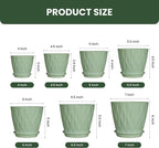Plastic Plant Pots, 7/6.5/6/5.5/5/4.5/4 inch Flower Pots with Drainage Holes and Trays, 7 Pack Planter for Indoor Outdoor Plants (Green)
