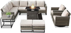 Belord Patio Sectional Furniture Set with Fire Pit Table: 8 Pieces Wicker Patio Conversation Set with L Shaped Sofa, Outdoor Swivel Glider Rocker, Rattan Ottomans, Removable Cushions Beige