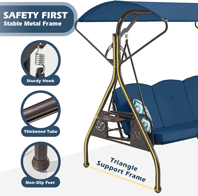 Porch Swing with Canopy, 3-Seat Blue Metal Patio Swing, 800 lb Capacity