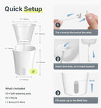 10 Pack 3" Self Watering Pots for Indoor Plants, Clear Inner Cup, Small White Plastic Planters, Water Level Indicator, Drainage Holes, Extra 3ft Wick, Cuttings,Seedlings,Herb,African Violet