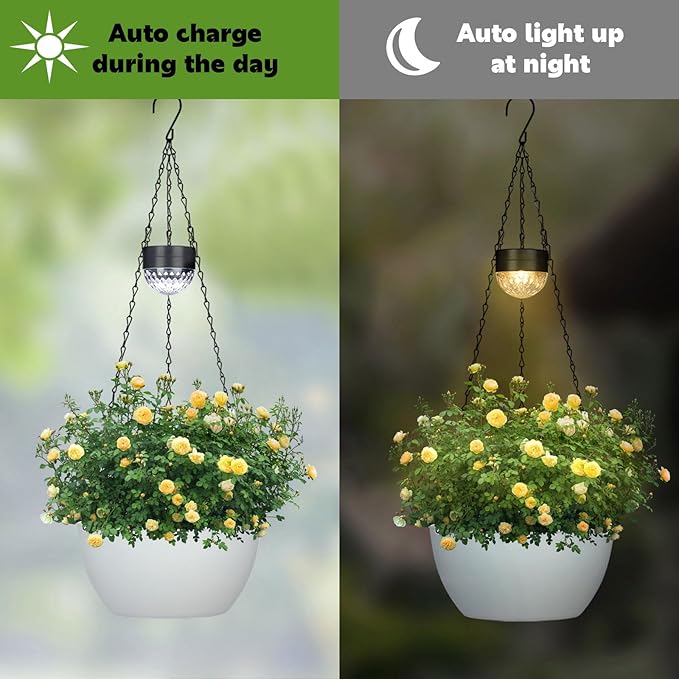 BAYN 2 Packs Solar Hanging Basket Planters for Plants Outdoor, Self Watering White Flower Plants Pots with Solar Light Drainer for Balcony Patio Garden Outdoor Decoration