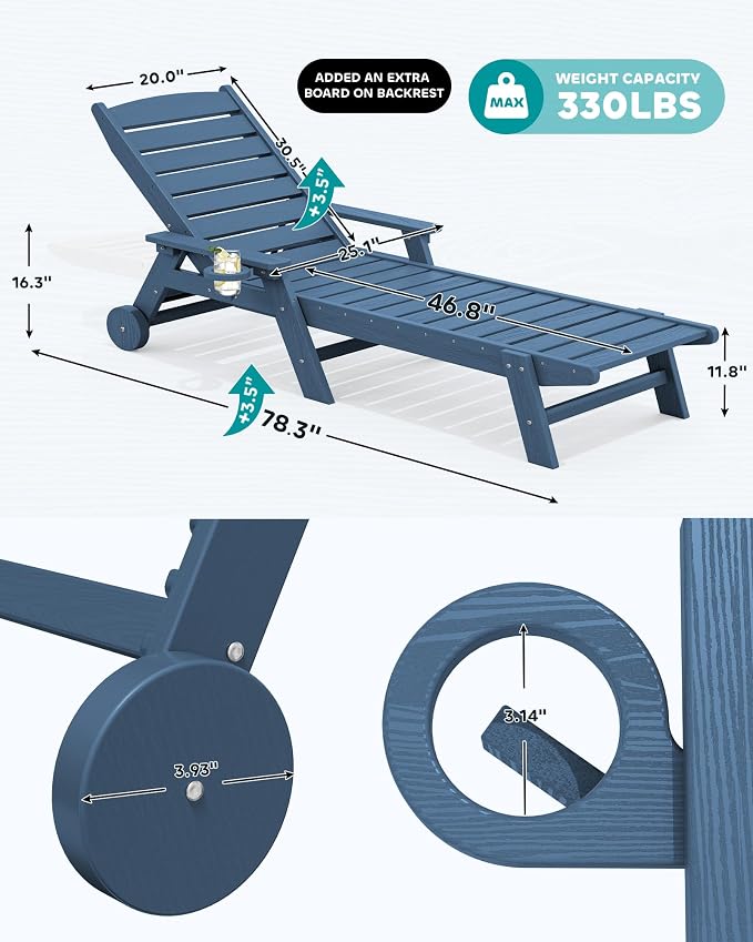 SERWALL Patio Chaise Lounge Chair, Poly Lounge Chair - Image 2