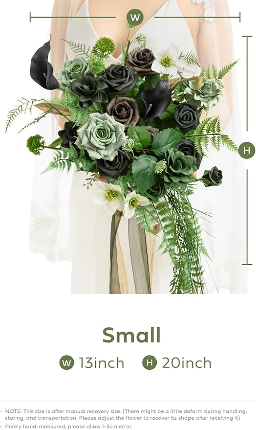Artificial Flowers Cascading Bridal Bouquet in Forest Green and Gold