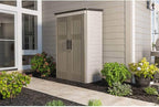 Rubbermaid Vertical Resin Outdoor Storage Shed With Floor (4 x 2.5 Ft) Weather Resistant Beige/Brown Organization for Home/Backyard/Pool Chemicals/Toys/Garden Tools/Porch/Patio Cushions