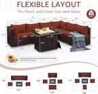 NICESOUL 7 Piece Modular Outdoor Furniture Set with Firepit Natural Gas&Propane, 29.3'' High Back L-Shaped 6-Seater Patio Wicker Sectional Sofa Couch Sets for Tall People, Brown Rattan and Red Cushion