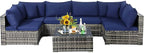 Tangkula 7 Pieces Wicker Patio Furniture Set, All-Weather Outdoor Rattan Sectional Sofa Set with Cushions & Tempered Glass Coffee Table, Outside Sofa Set for Garden, Lawn, Deck, Backyard (Navy)