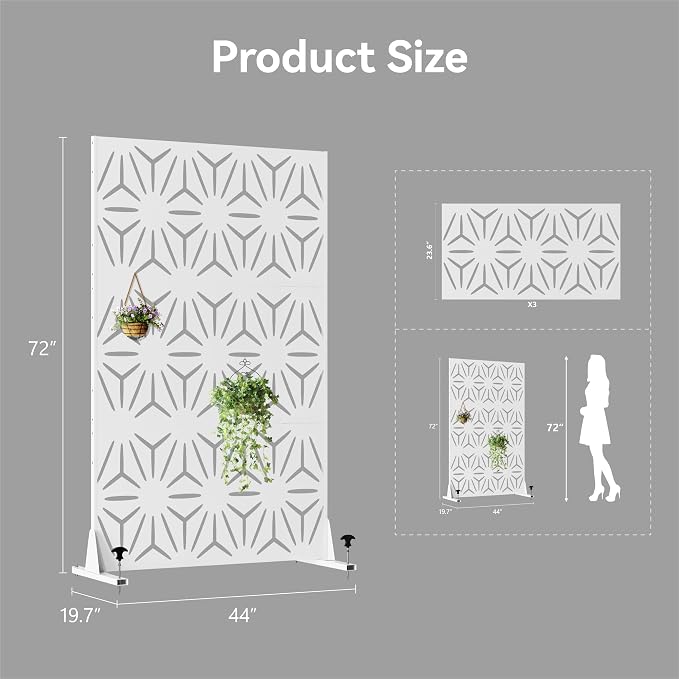 Decorative Fence Privacy Screen, 3-Panel White Metal Divider, 72 x 44 In