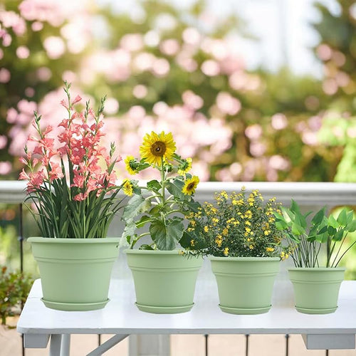10 Inch Plastic-Flower-Pot-for-Indoor-Plants, 4 Pack Large Outdoor Planter Pot with Drainage Holes & Saucers, Resin Decorative Garden Pots Planters