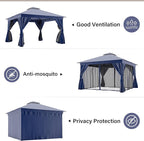 LAUSAINT HOME Semi-Permanent Outdoor Patio Gazebo 12'x12', Heavy Duty Party Tent Shelter with Double Roofs, Mosquito Nettings and Privacy Screens for Backyard, Garden, Lawn, Navy Blue