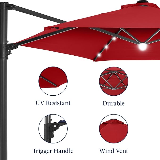Best Choice Products 10ft Solar LED Offset Cantilever Hanging Market Patio Umbrella, Smooth 360° Rotation, 8 Sturdy Ribs, Easy Adjustment - Red
